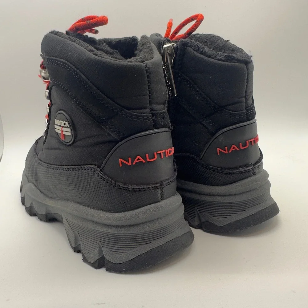 Nautica Kids Black Red Winter Snow Boots‎ Fleece Lined Side Zip Size 11 Toddler